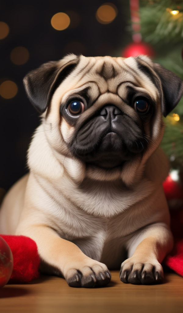 Мопс лежит у наряженой ели с красными шарами