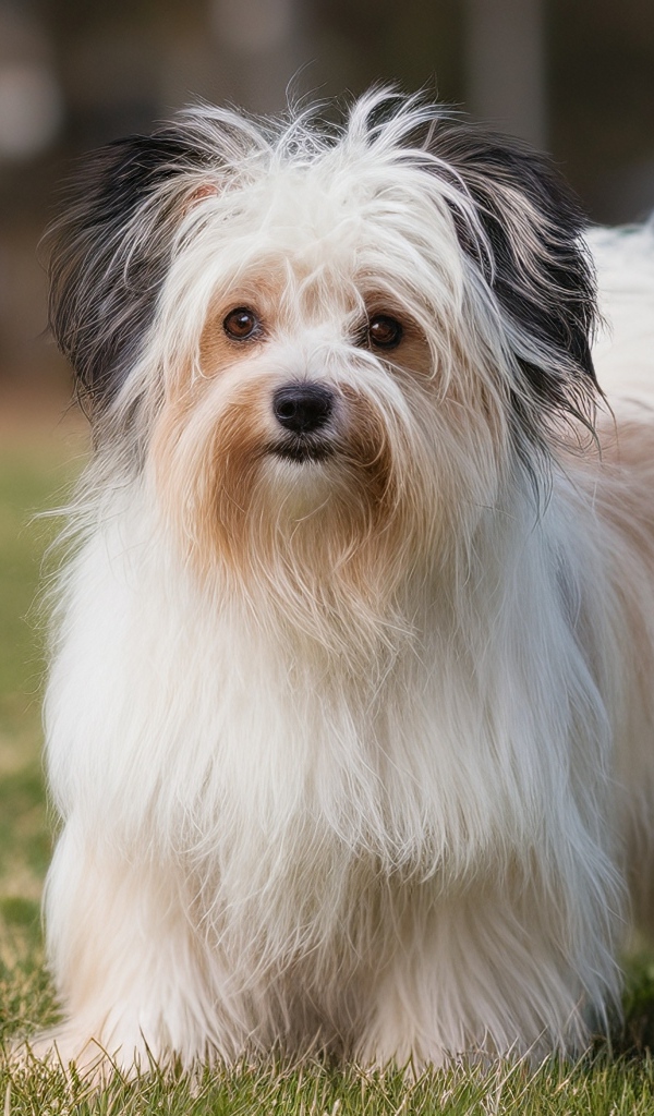 Пушистая собака на зеленой траве