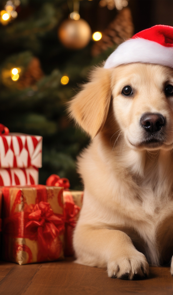 Золотистый ретривер с подарками у новогодней ели