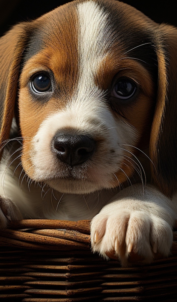 Маленький щенок в корзине с зелеными листьями