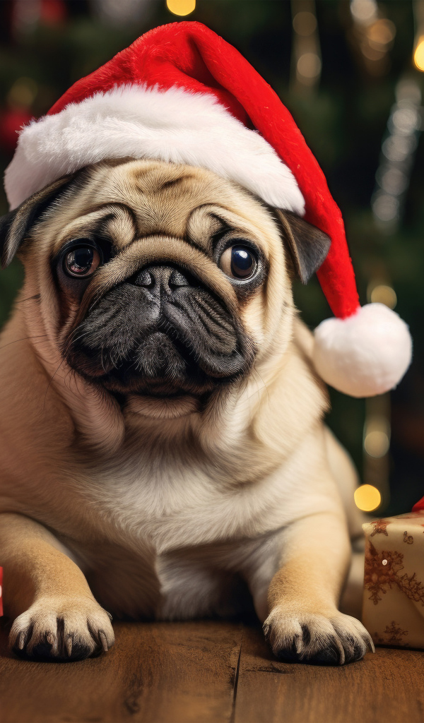 Мопс с подарками под новогодней елкой