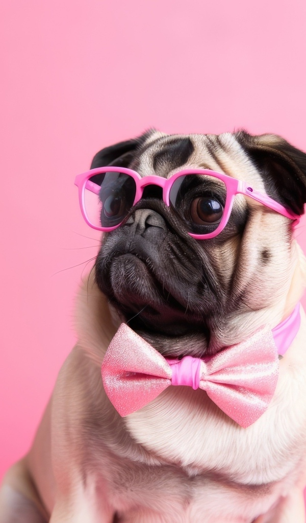 Мопс в очках на розовом фоне