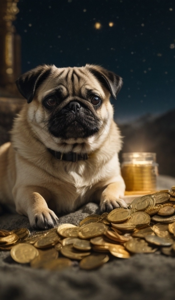 Мопс с золотыми монетами на песке
