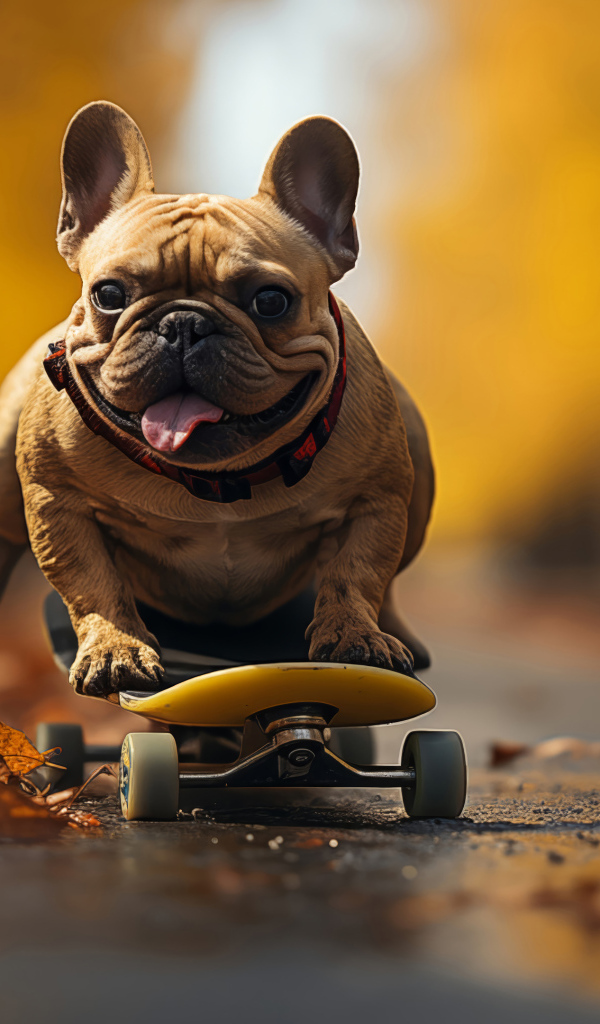 Довольный французский бульдог на скейтборде