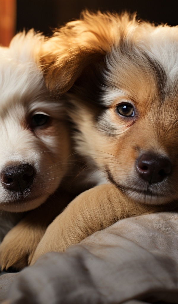 Два щенка швейцарской овчарки лежат на кровати