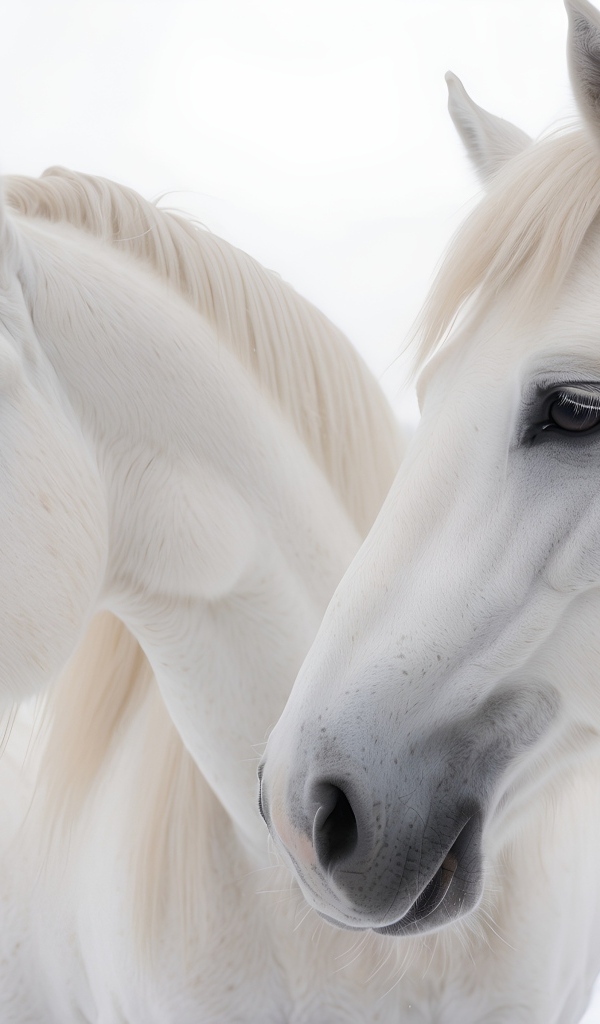 Две красивые белые лошади зимой