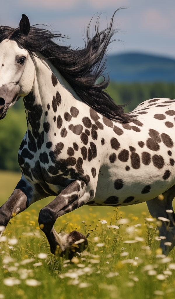 Белая лошадь в черных пятнах на пастбище