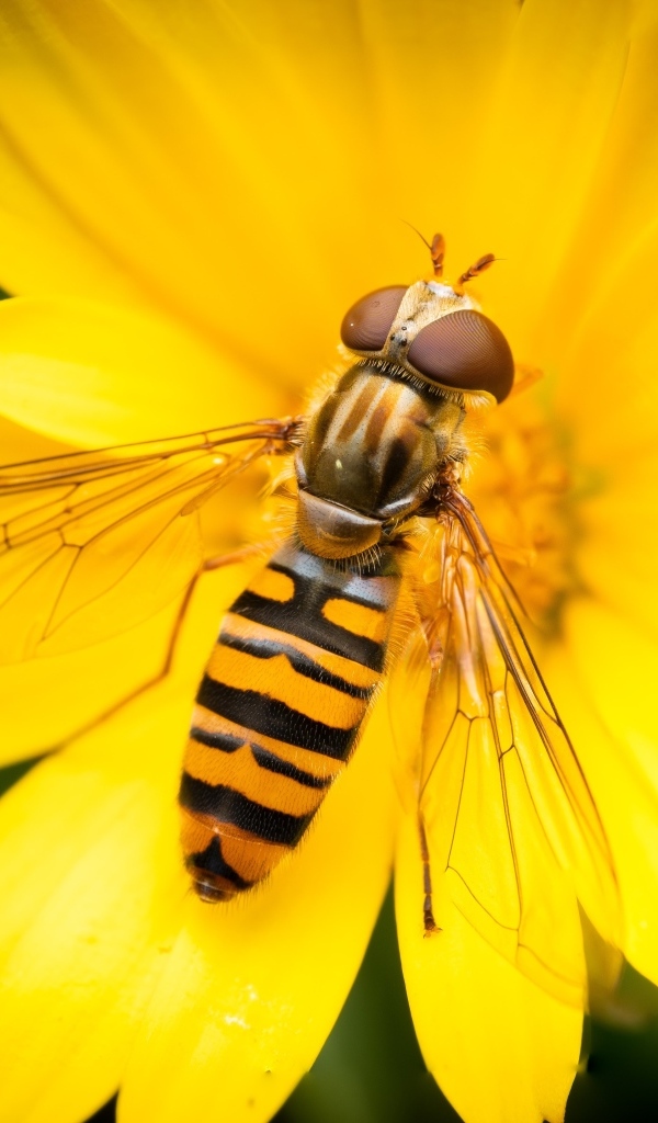 Жужжалка сидит на желтом цветке