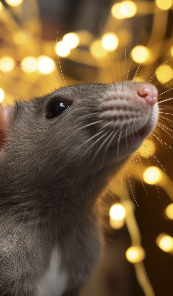 Серая крыса на фоне гирлянды