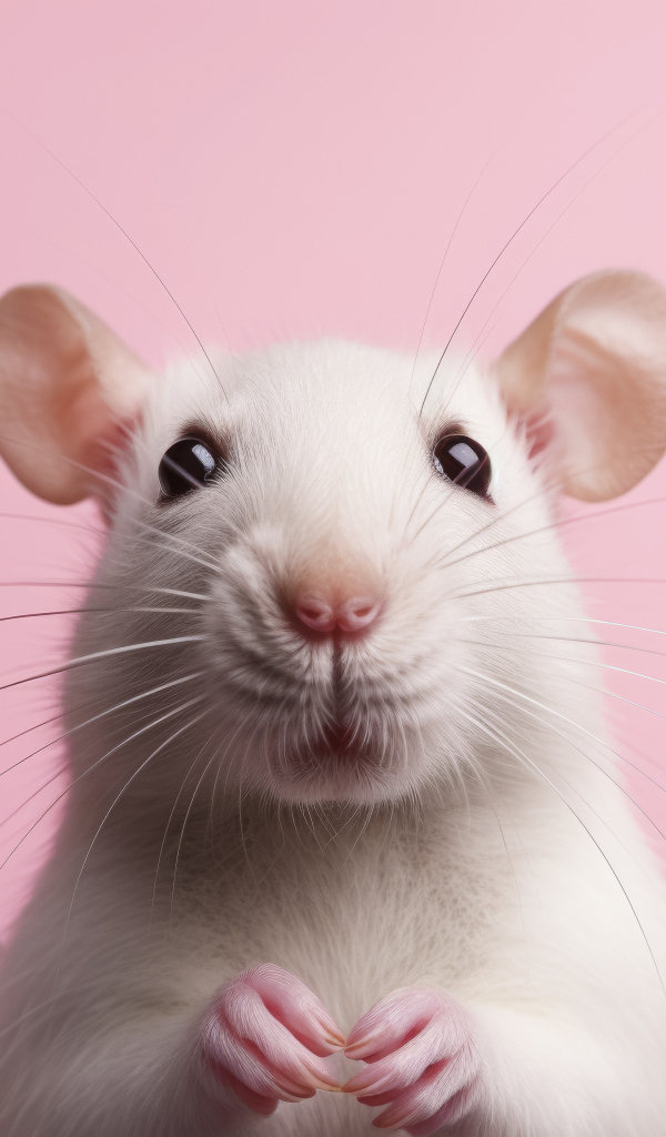 Белая крыса на розовом фоне с цветами