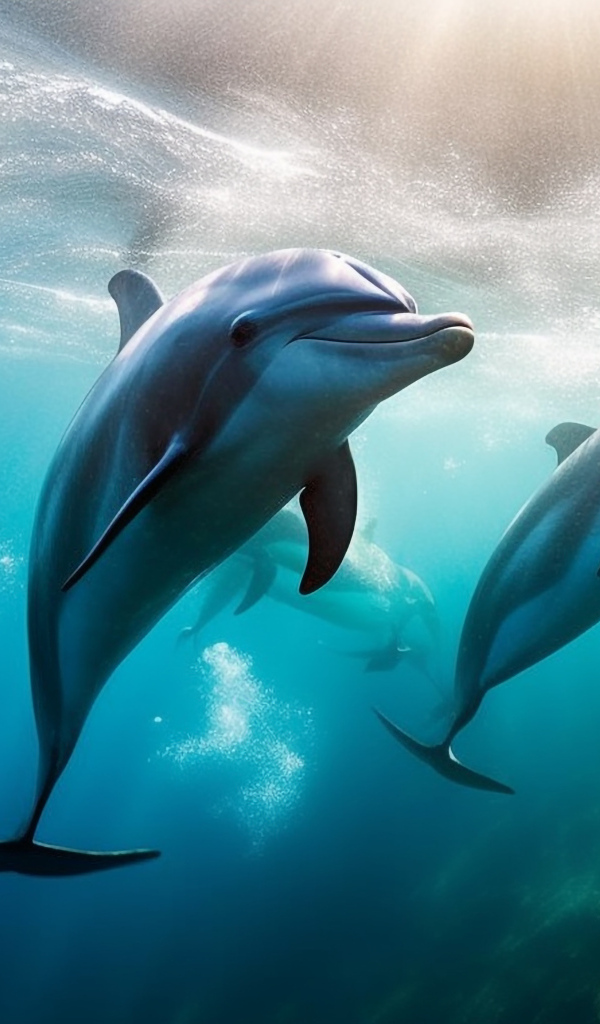 Стая дельфинов плавает в воде