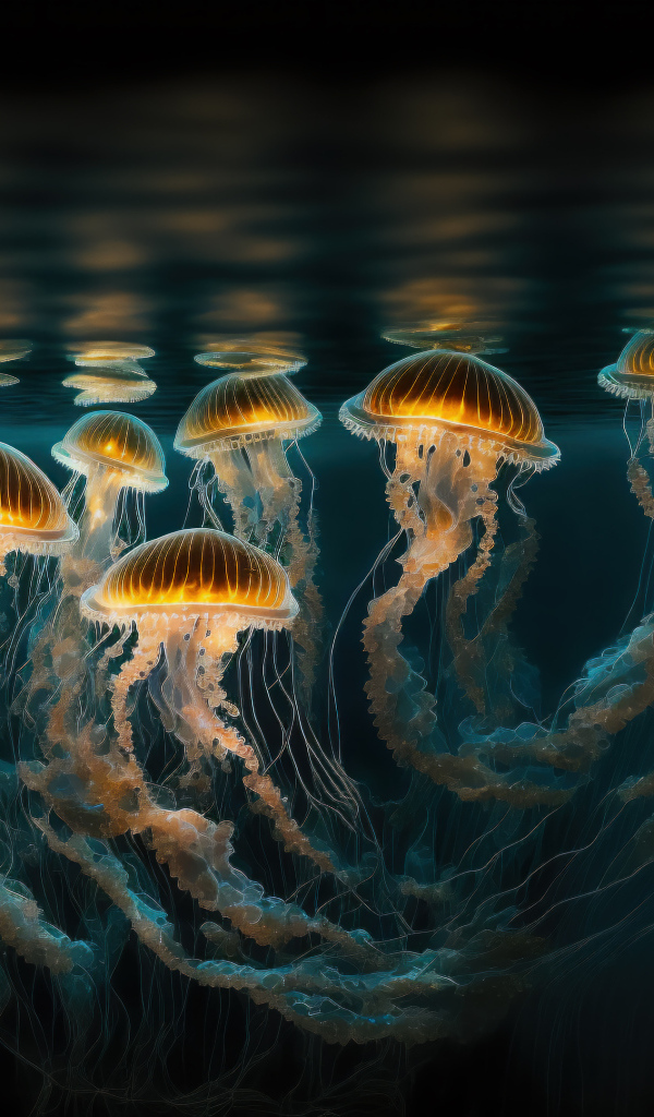 Много светящихся медуз под водой