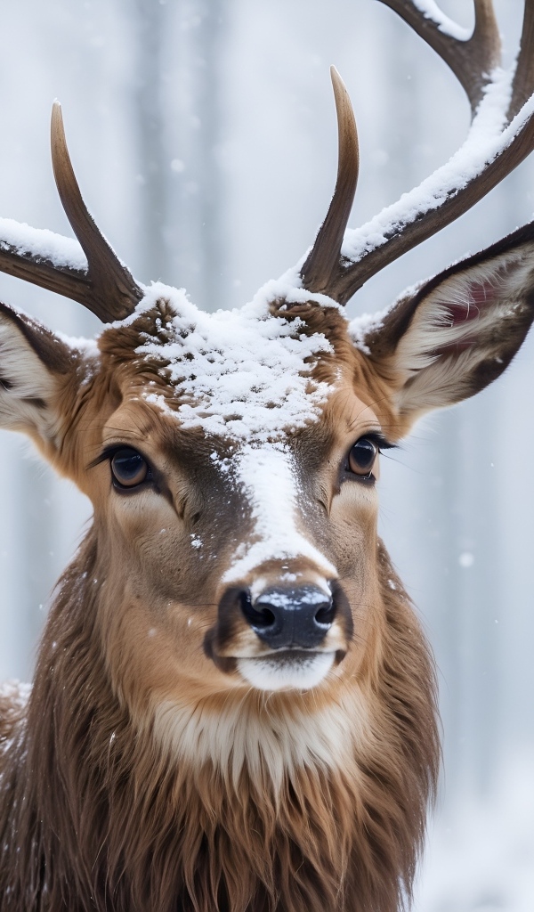 Большой олень в зимнем заснеженном лесу
