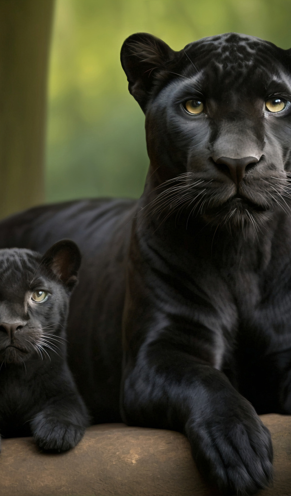 Большая черная пантера с детенышем