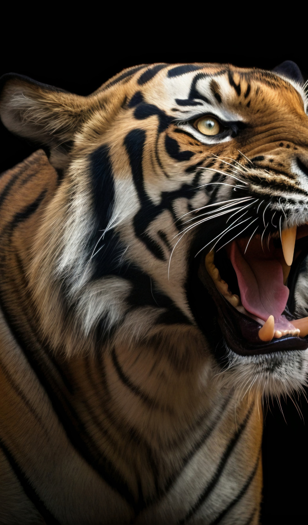 Острые клыки полосатого тигра на черном фоне