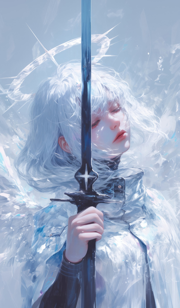 Девушка аниме ангел с оружием на сером фоне