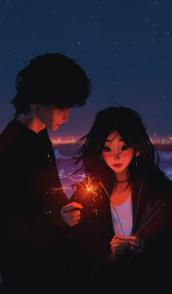 Пара аниме с бенгальскими огнями у воды