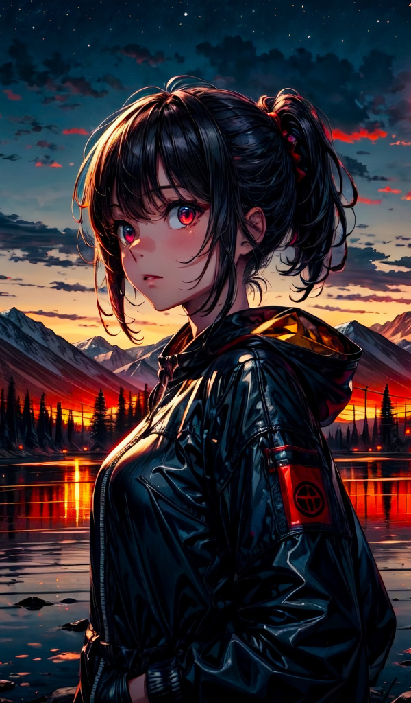 Девушка аниме в черной куртке у реки на фоне луны