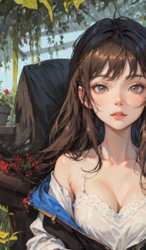 Девушка аниме в оранжерее с цветами