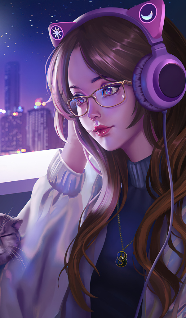 Девушка аниме в наушниках в комнате с котом