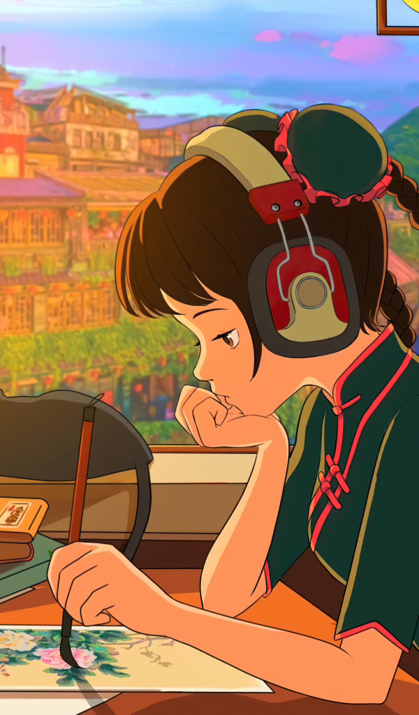 Девушка аниме в наушниках сидит за столом у окна