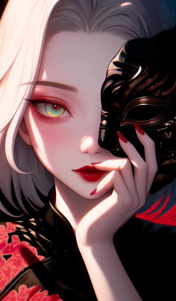 Девушка аниме в кимоно закрывает лицо маской