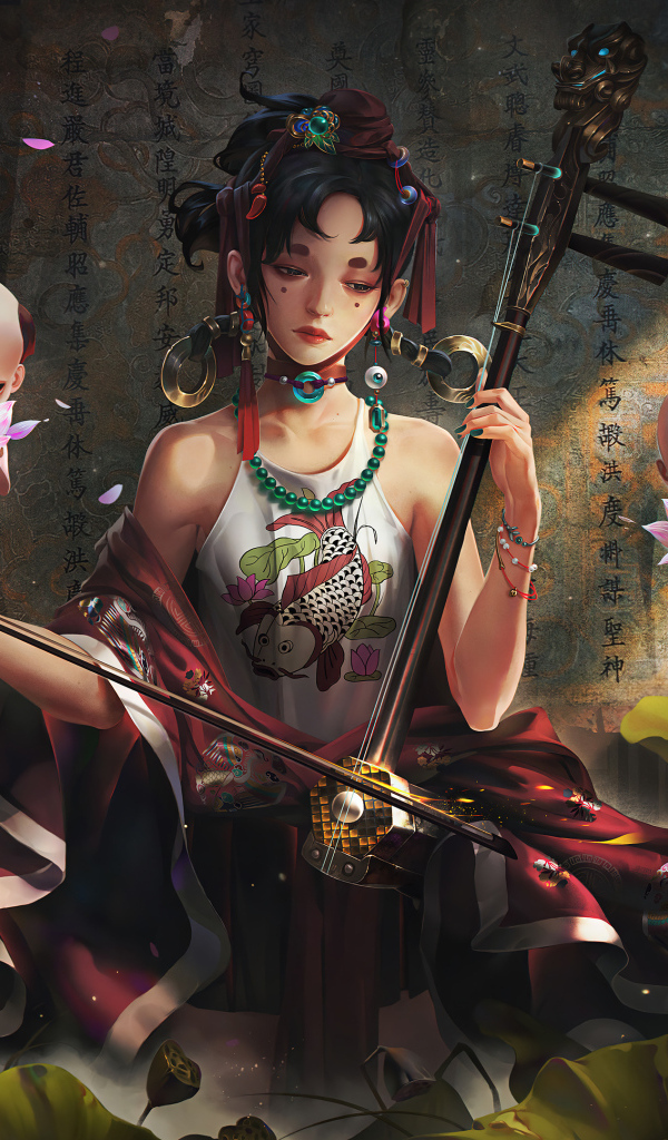 Девушка аниме играет на музыкальном инструменте