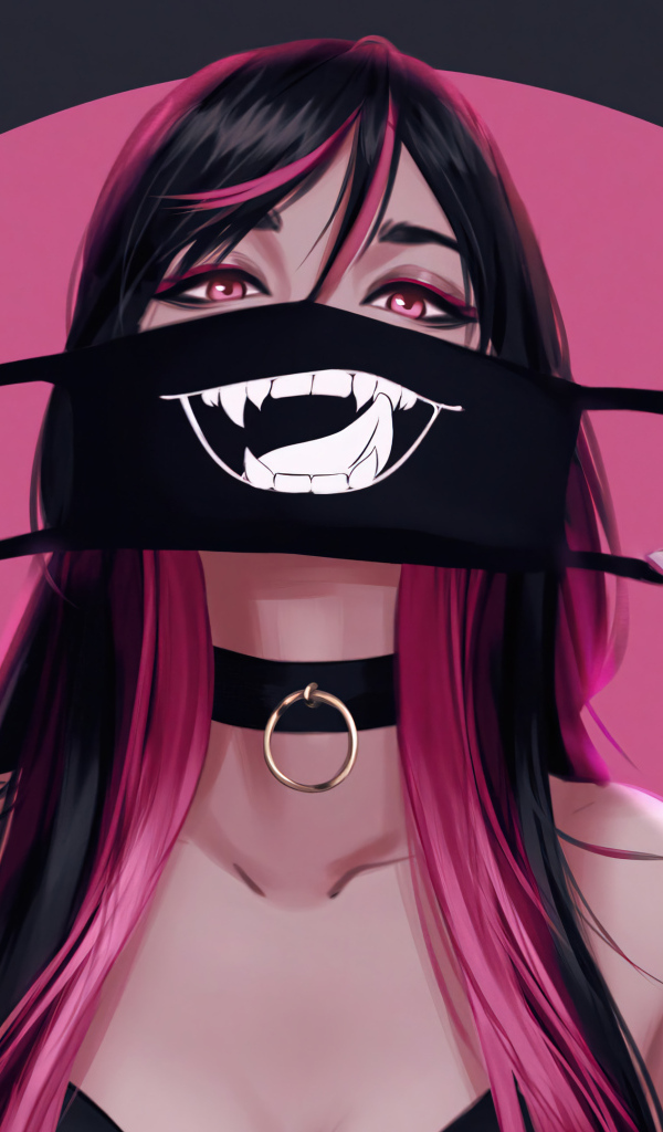 Девушка аниме с черной смешной маской на лице