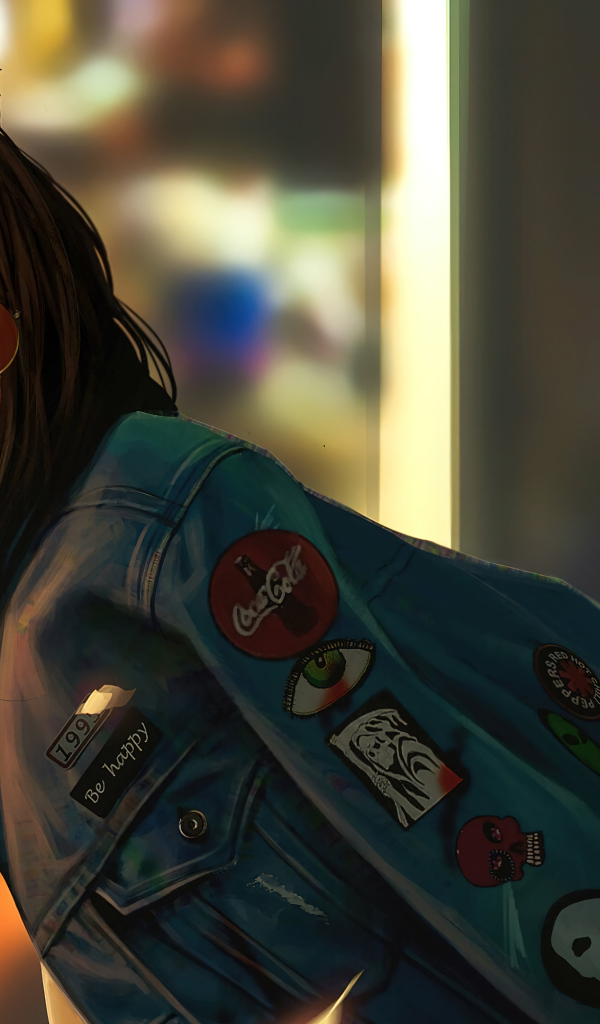 Девушка аниме с сигаретой в джинсовой куртке