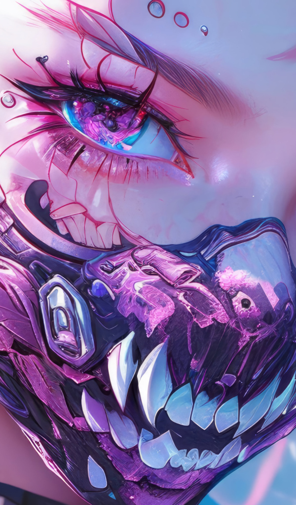 Аниме девушка с маской с острыми клыками на лице