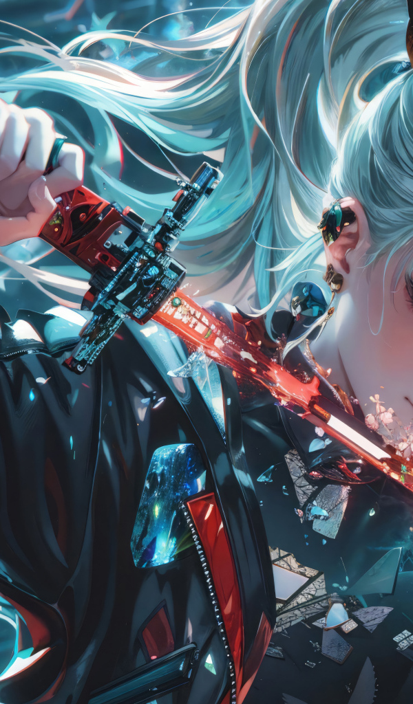 Девушка аниме с голубыми волосами держит катану