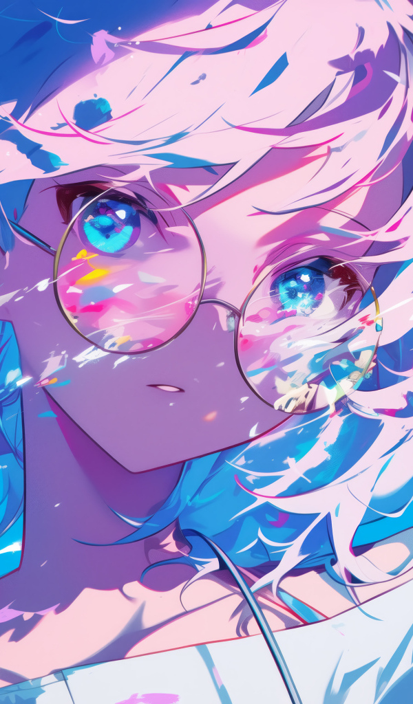 Аниме девушка в очках в лучах солнца на голубом фоне