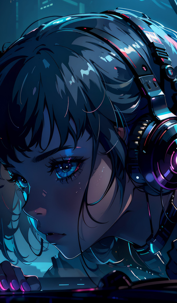 Девушка аниме с наушниками на голове 