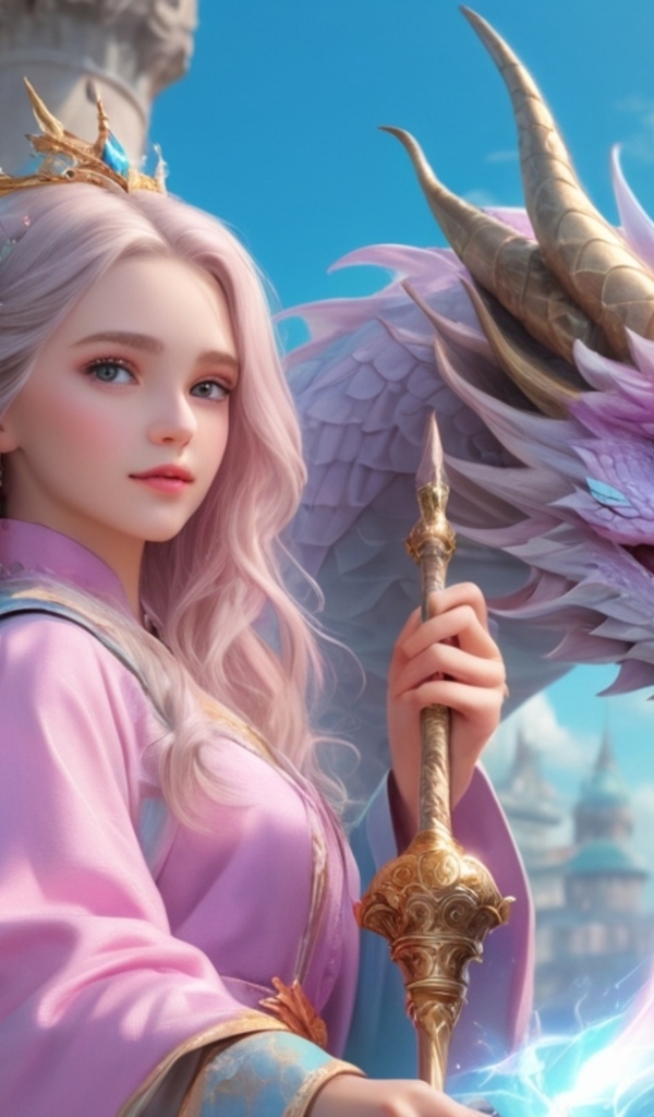 Девушка аниме с розовым драконом