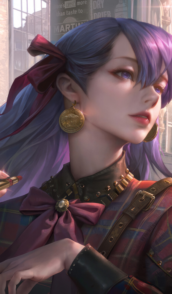 Девушка аниме с фиолетовыми волосами с помадой в руке