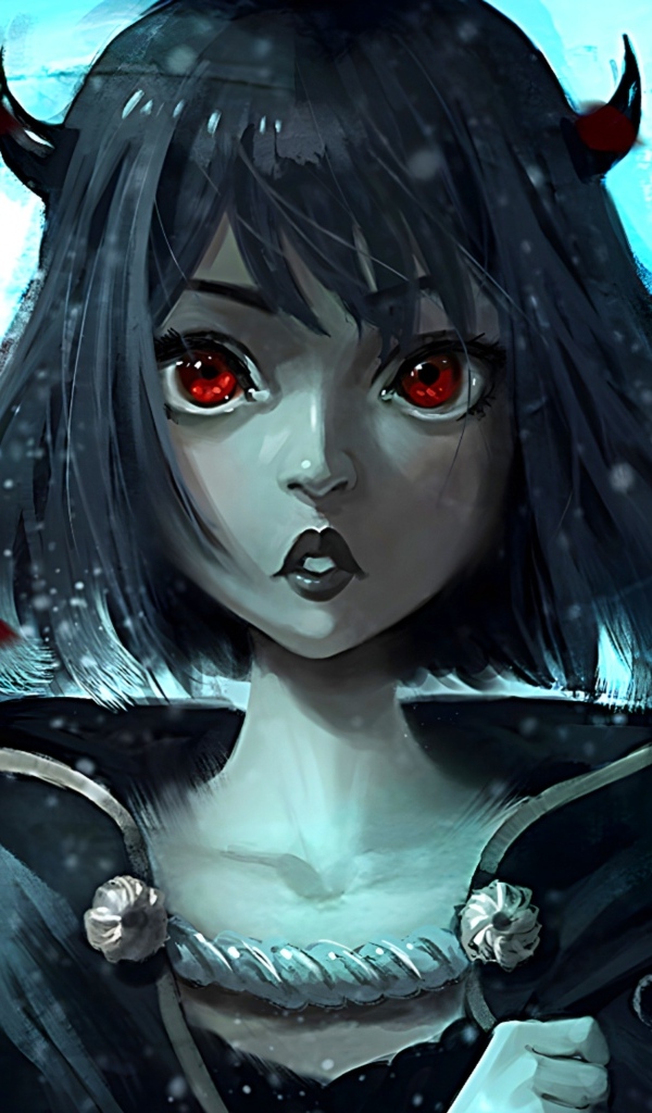 Девушка аниме с красными глазами и рогами на голове