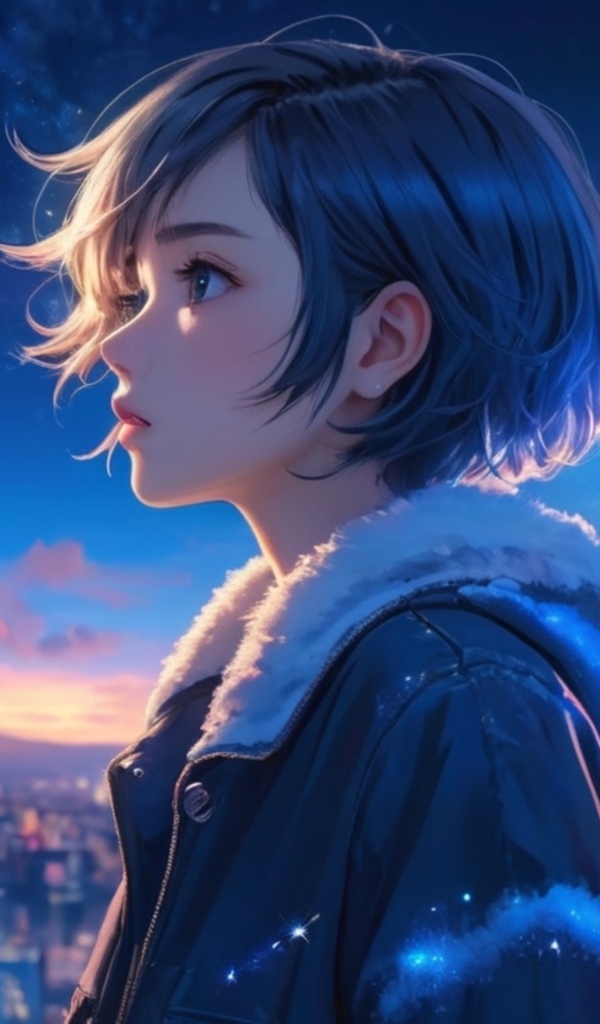 Девушка аниме с короткой стрижкой на фоне города