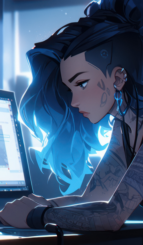 Девушка аниме с татуировками сидит за компьютером