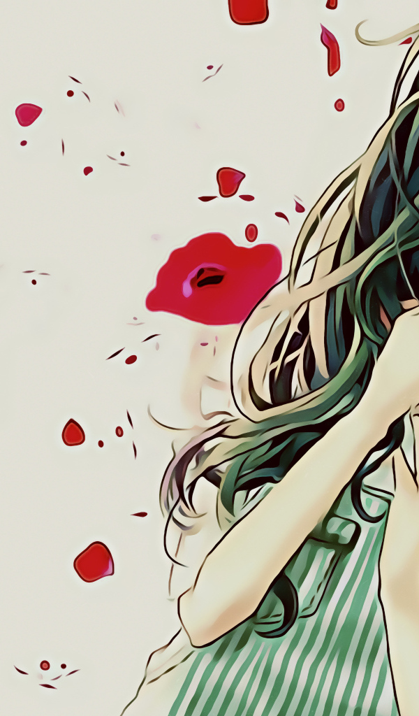 Красивая девушка аниме на фоне красных маков