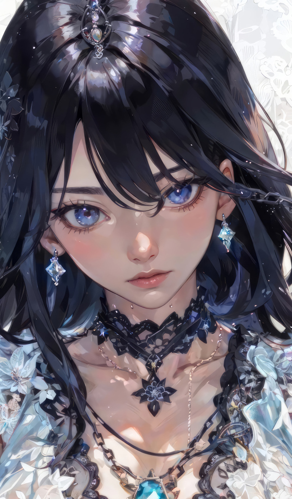 Красивая голубоглазая девушка аниме с черными волосами