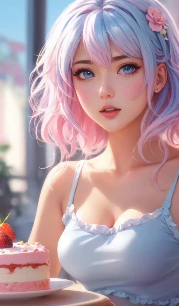 Голубоглазая девушка аниме сидит в кафе с пирожными