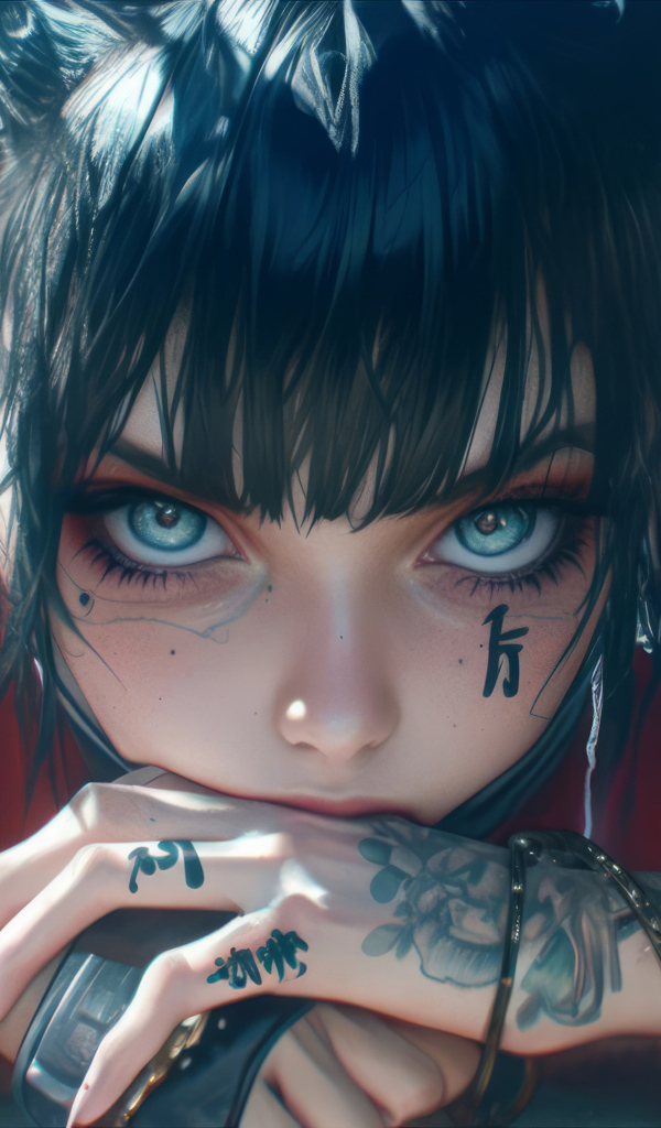 Голубоглазая аниме девушка с татуировками на теле