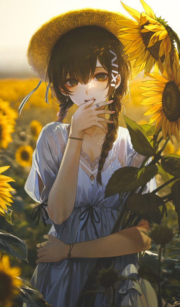 Милая девушка аниме на поле с подсолнухами