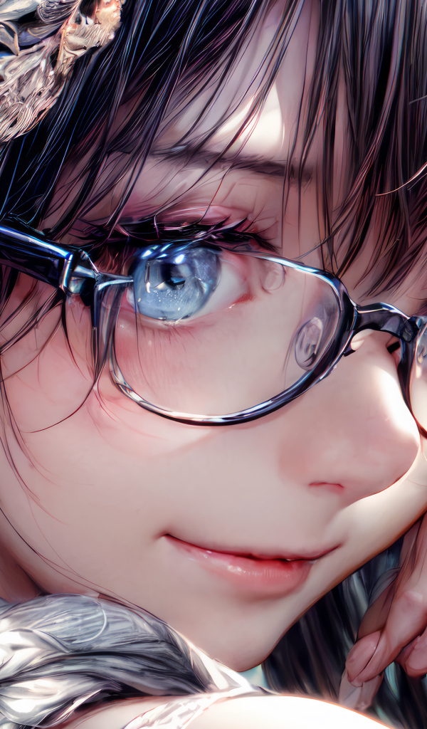 Милая голубоглазая аниме девушка в очках
