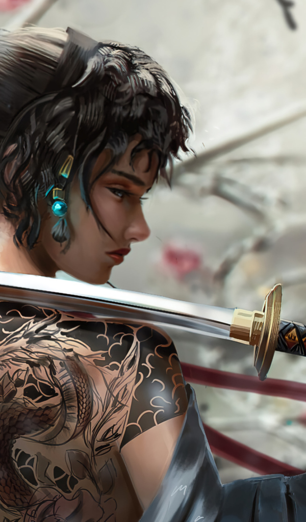 Девушка самурай с катаной в руке 