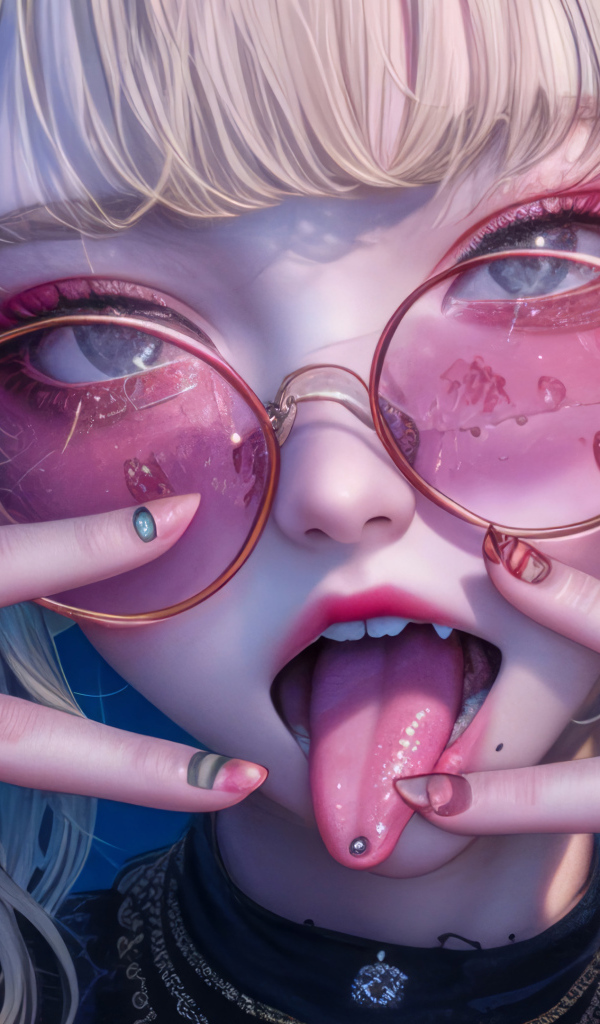 Дерзкая девушка аниме в розовых очках с высунутым языком