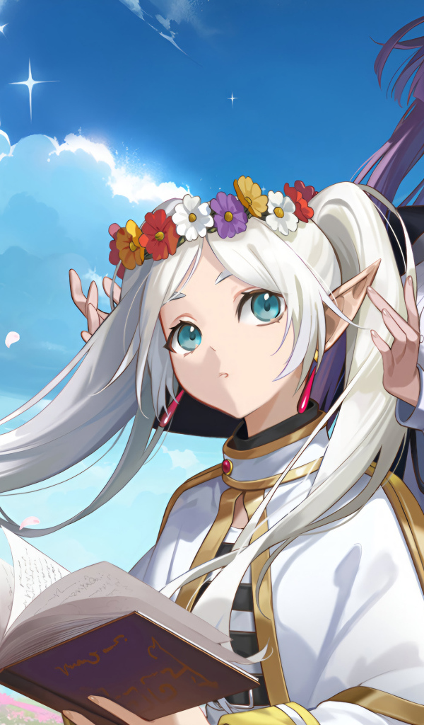 Две девушки аниме на поле с венками