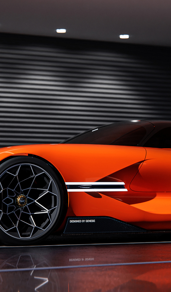 Быстрый оранжевый автомобиль Genesis X Gran Berlinetta вид сбоку