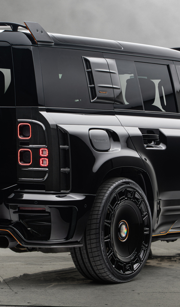Вид сзади на черный автомобиль Mansory Land Rover Defender 110 Black Edition 2024 года