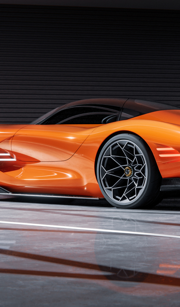 Вид сзади на оранжевый автомобиль концепт Genesis X Gran Berlinetta